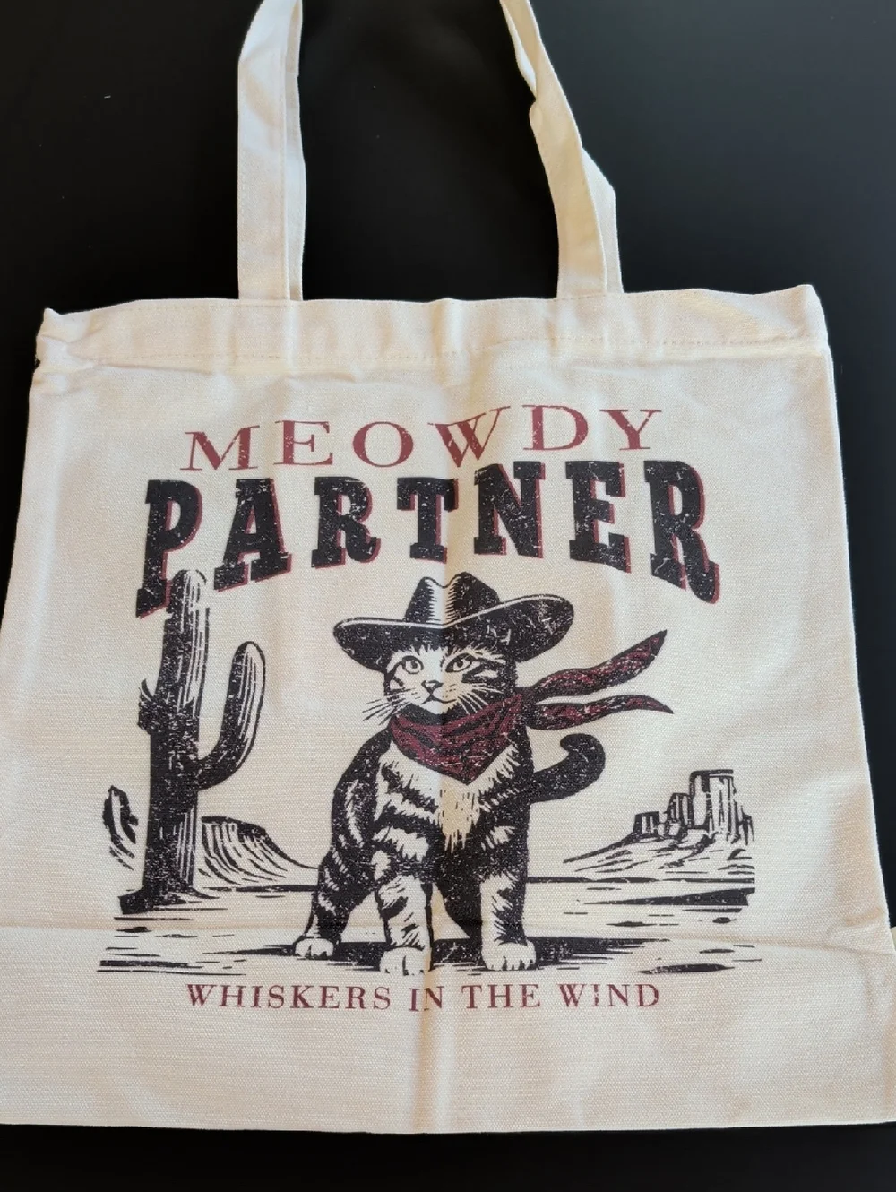 Meowdy Partner Beige Tote Bag with Red Accents